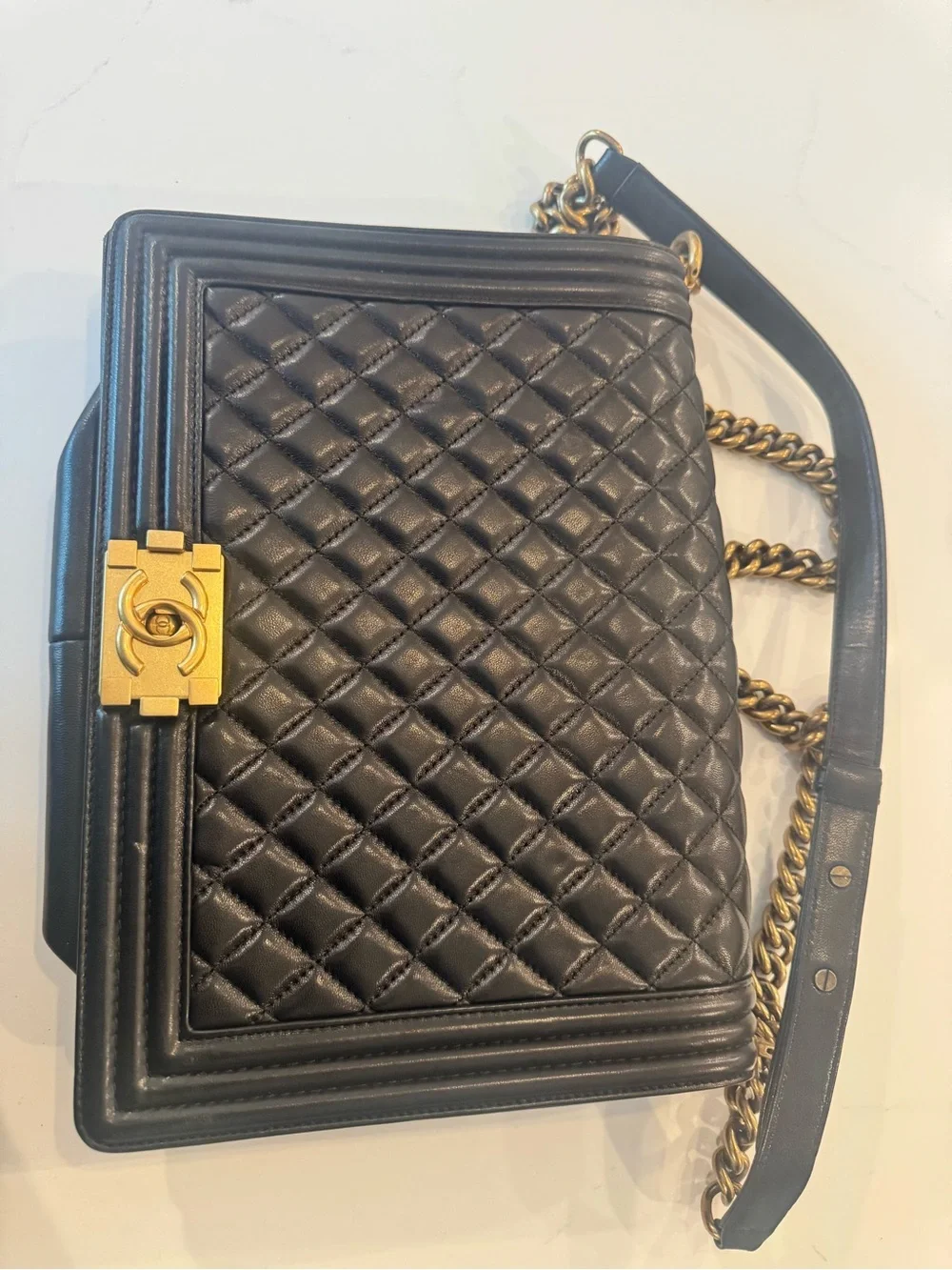 CHANEL Black Quilted Boy-Style Shoulder Bag with Gold Hardware